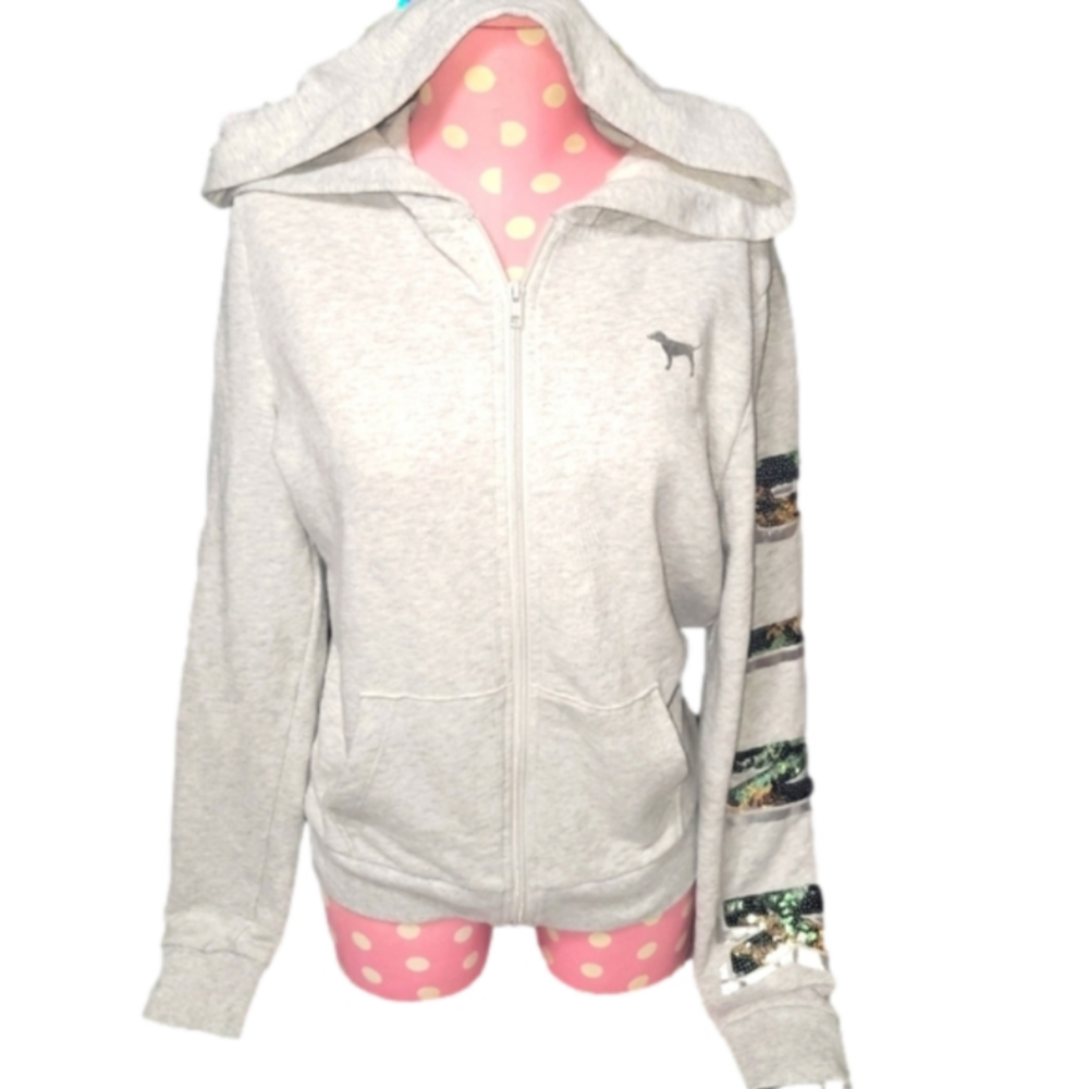VS Pink Heather Grey Camo Bling Zip up Hooded Sweater